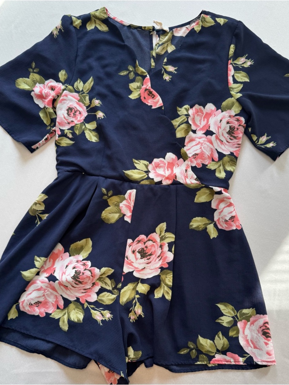 Altar'd State Navy Romper with Pink Rose Floral Print